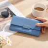 A light blue long wallet for women, simple and fashionable, made of genuine leather, with large capacity and multiple slots details Picture